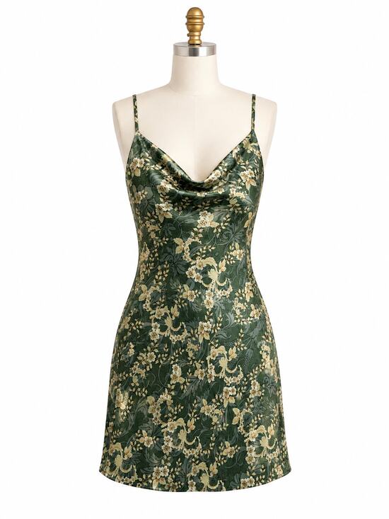 Urban Outfitters Dresses & Skirts - Urban Outfitters Green Satin Floral Cowl Neck Mini Slip Dress - Size L